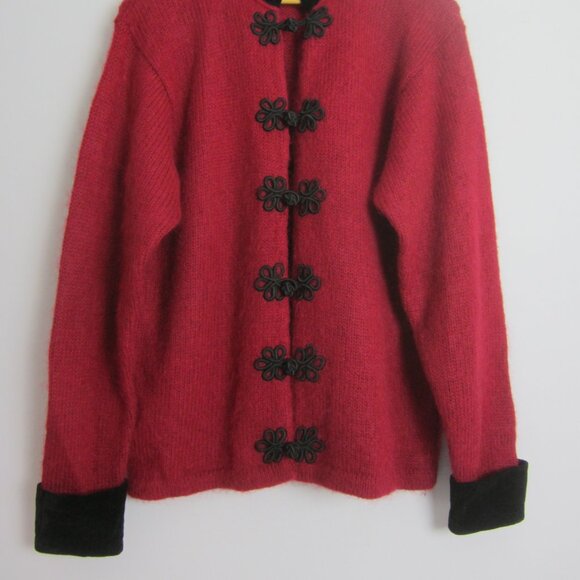 Vtg Cherry Webb Co Womens XL Red Black Velvet Collar LS Mohair Wool Cardigan - Picture 7 of 12